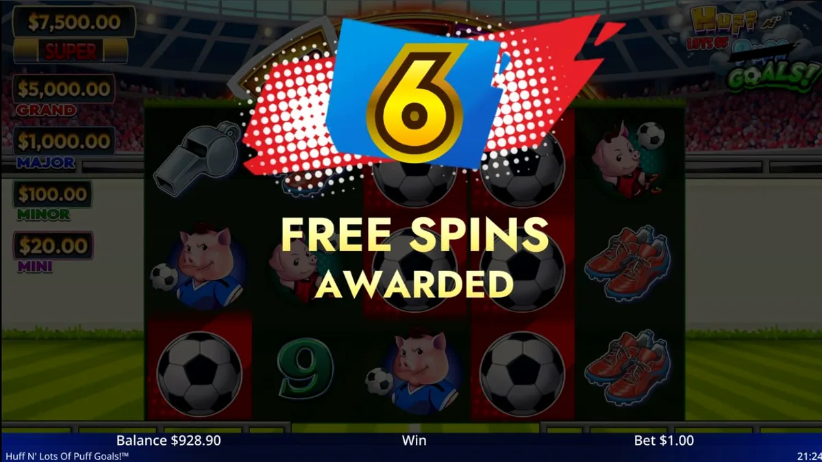 Tampilan antarmuka seluler slot Huff N’ Lots of Goals dengan tema sepak bola dan babi kecil.