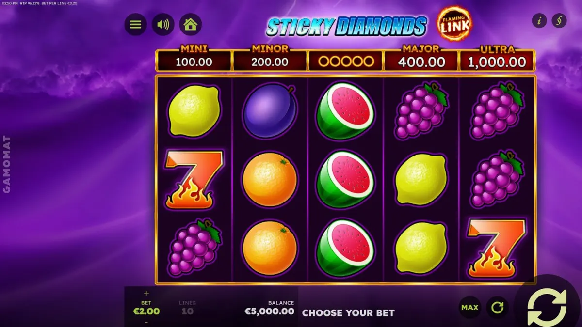 Sticky Diamonds Flaming Link slot machine interface