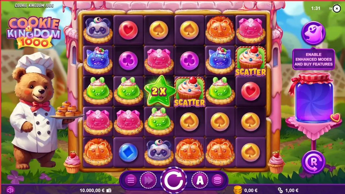 Tampilan visual permainan slot Cookie Kingdom 1000 dengan tema permen dan beruang baker.
